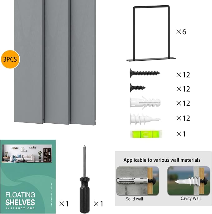 Floating Shelves, 24 In Bookshelves for Room Wall, Shelves on Wall (Grey) | Wall Shelves, Easy to Install Wall Mounted Shelves, Set of 3, Rustic Wood Shelves for Wall Decor, Hanging Shelves