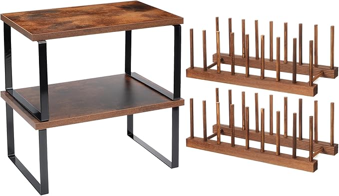 Marsui 4 Pcs Kitchen Organizer Accessories Set for Cabinet,Deep Color | Cabinet Organizer Shelves, Bamboo Dish Drying Plate Rack, Wooden Counter Storage Holder, for Spice Dish Pot Lid Bowl Cup