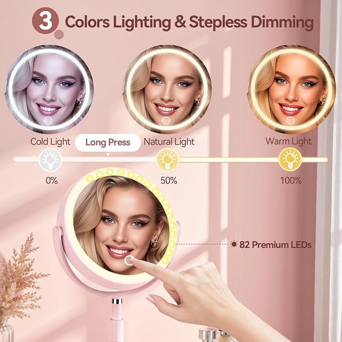 20X Magnifying Mirror with Lights and Storage, Double Sided Vanity Mirror | Rechargeable Makeup Mirror, 3 Color Lighting, Fast Charge and Long-lasting Work, Height Adjustable, Memory Function, Pink