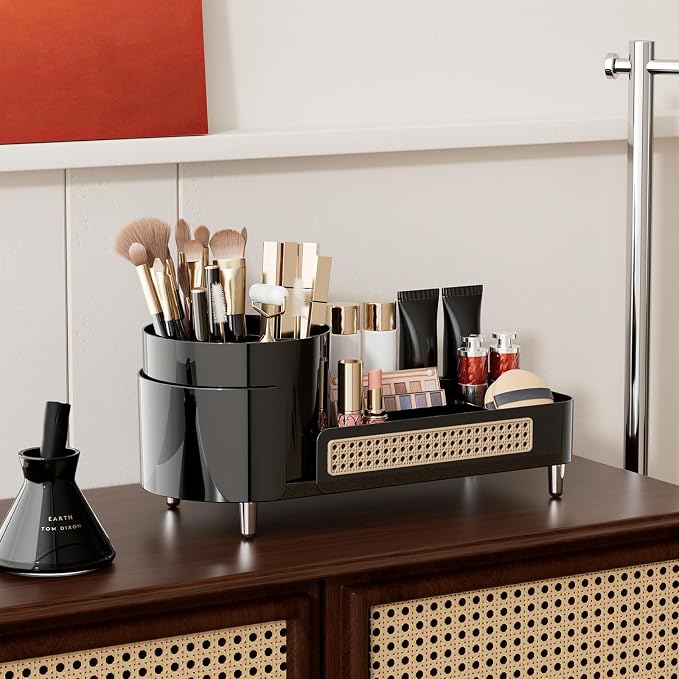 Booklov Rotating Makeup Organizer for Vanity Countertop, Black | Clear Acrylic Cosmetic Display Case, Large Beauty Brush Holder for Bathroom Counter, Skincare Lipsticks Storage