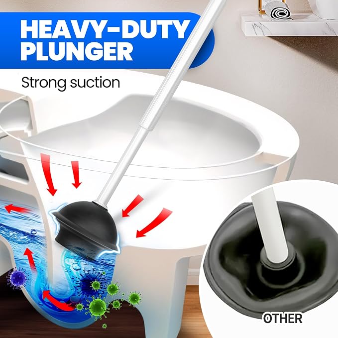 4in1 Toilet Plunger and Brush Set - Home Bathroom Cleaning Tools | 21", Groove Gap Brush, Cleaning Gloves, Heavy Duty Toilet Bowl Cleaner, Apartment Must Haves Bathroom Decor, White