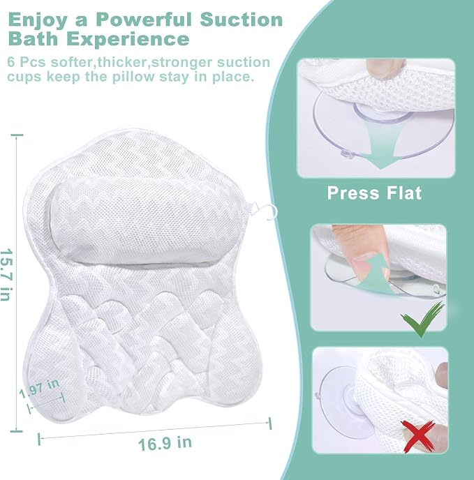 Bath Pillow for Tub,Bathtub Pillow,Bath Pillows for tub Neck and Back Support,4D Mesh Fabric Strong Suction Waterproof Relaxing Headrest,Bath Accessories Spa Gifts