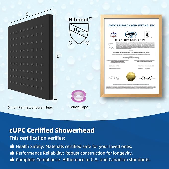 Hibbent cUPC Certified Thickness Metal 6'' Rain Shower Head, Matte Black | High Pressure Shower Head, Bathroom Waterfall Shower Heads, High Flow Fixed Showerheads with Adjustable Brass Ball Joint