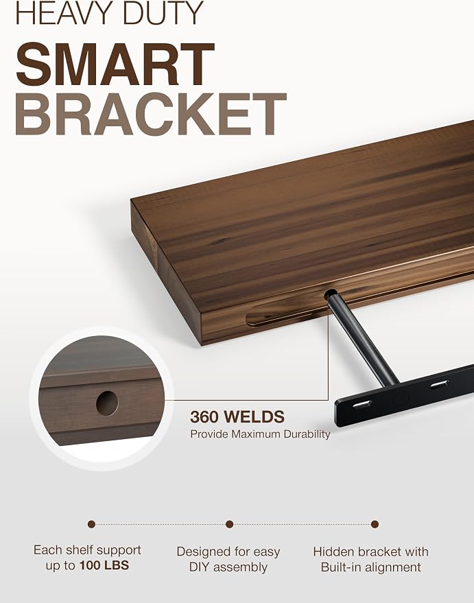BATODA Set of 2 17" Acacia Wood Floating Shelves Wall Mounted, Walnut Color | Rustic Farmhouse Storage Shelf, Floating Effect, 100 LBS Capacity Each, Easy Assembly, Hidden Brackets, Hardware Included