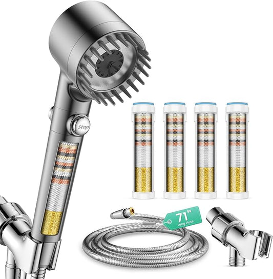 Filtered Shower Head with Handheld 4PCS Filters ShowerHead | 4 Spray, High Pressure Shower Heads with ON/OFF Button, Water Softener for Hard Water, 70" Hose, Remove Chlorine
