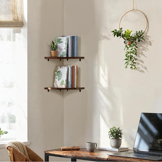 Demigo Corner Shelf Wall Mount, 2-Pack Acacia Wood Floating Corner Shelves | 11.8 x 16.5 in Wall Mounted Triangle Shelves for Bedroom, Living Room, Bathroom & Kitchen, Durable Storage Display Decor