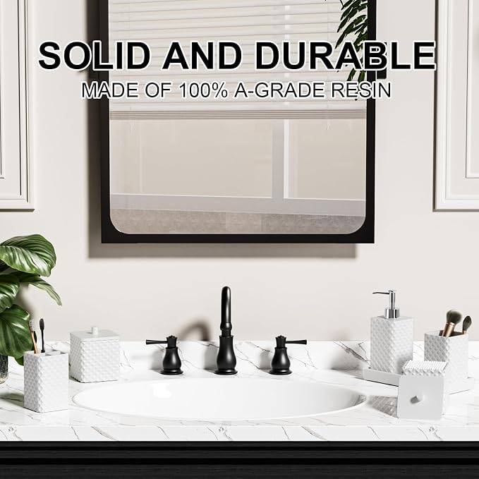 Bathroom Accessories Set Resin 6PCS, Square Toothbrush Holders Set Complete with Soap Dispenser, Vanity Tray, Tumbler, Cups and Cotton Swab Jars (White Diamond, Resin Bath 6 PCS)