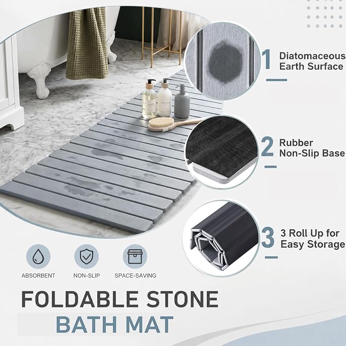2 Pack Extra Large Foldable Stone Bath Mats Set, 47"x15.4" and 23.6"x15.4" Diatomaceous Earth Bath Mat with Non Slip Rubber Base Quick Dry Bathroom Shower Mat Light Grey for Bathroom
