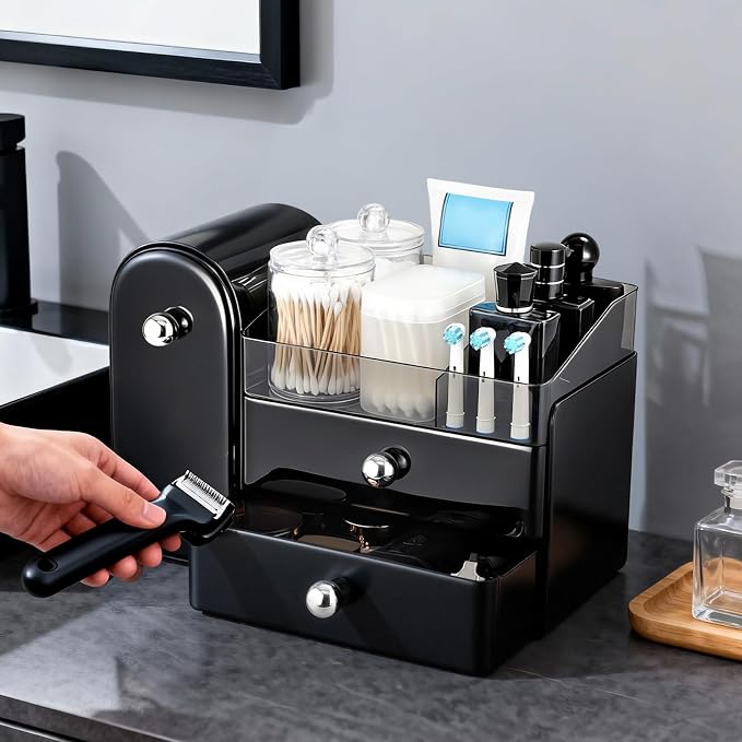 Makeup Organizer Countertop with Makeup Brush Holder,Black | Waterproof,Dustproof,Clear Drawer,Large Capacity,Storage Lipstick,Perfumes,Skincare for Vanity,Bathroom Countertop,Desk,Gift