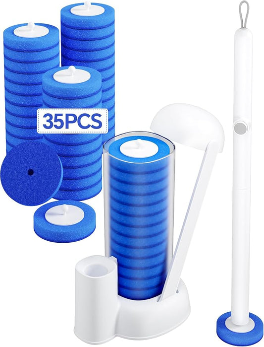 Toilet Brush Kit, Disposable Toilet Bowl Cleaner Brush with Blue Replacement Heads, Press-Button Wand and Self-Closing Freestanding Holder (Toilet Brush + 35 Refills)