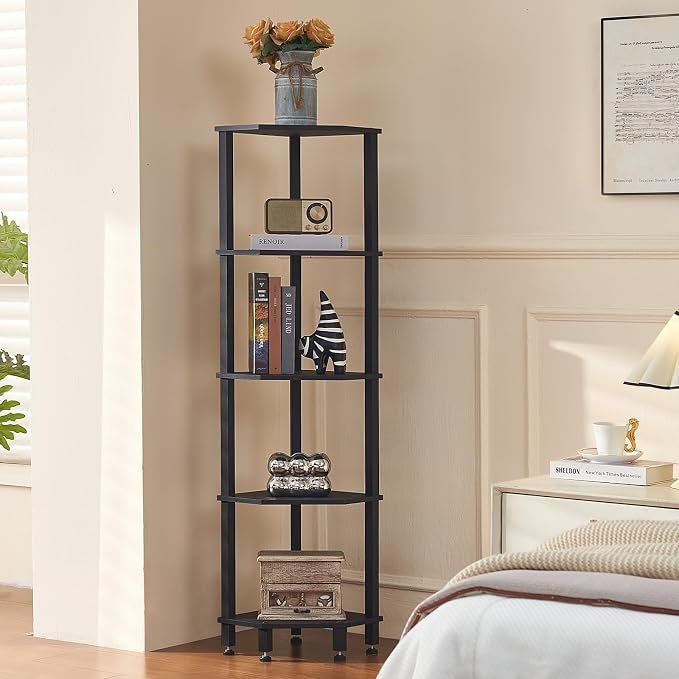 YUFAM 5-Tier Corner Shelf, Black | Wooden Corner Bookshelf for Small Spaces, Corner Standing Shelf with Sturdy 5-Leg Base