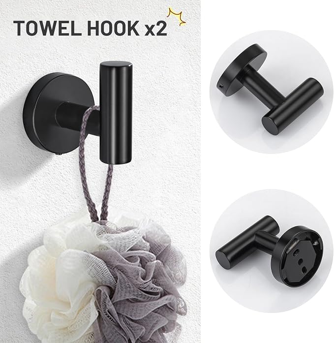 TURS Matte Black 5 Piece Bathroom Hardware Set, SUS304 Stainless Steel Bath Towel Bar Set, 24 Inch Round Bathroom Accessories Kit Wall Mounted
