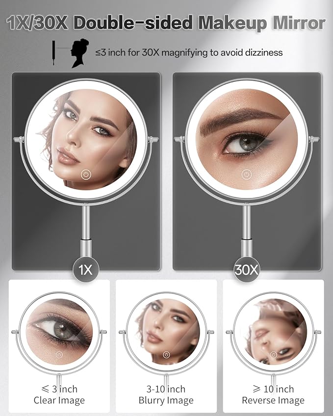 VFD 8'' 30X/1X Magnifying Makeup Mirror with Lights Height Adjustable | Lighted Vanity Mirror with 3 Color Adjustable Brightness, 3000mAh Rechargeable Double Sided Switch for Desk Women Gift
