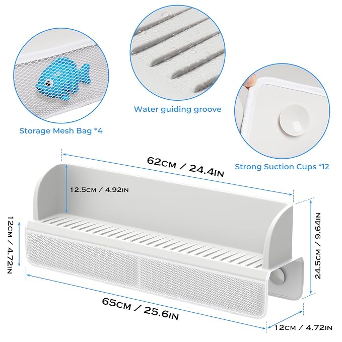 Splash Guard for Bathtub,Kids Bath Toy Tray Caddy Holder, Silicone, Gray | Bath Toy Storage Bag,Guard for Bathtub with Mesh Bathtub Toy Storage,Super Adsorption - Extended Design for Splash Protection