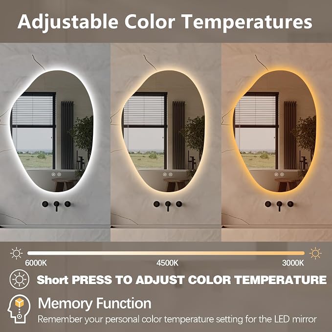 Irregular LED Bathroom Mirror 32 x 22 inch, Frameless Backlit Mirror with Lights Vanity Mirrors for Wall, Asymmetrical Anit-Fog, 3 Color Dimmable, Memory, Horizontal/Vertical