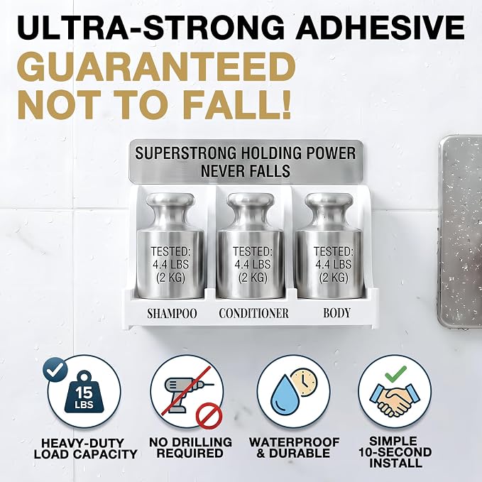 Soap Holder for Shower Wall, 3-Compartment Soap Dish for Shampoo, Conditioner and Body Soap, Fast Draining & Rust-Proof & Heavy Duty, Ultra-Strong Adhesive for Long-Term Bathroom Use & Freestanding