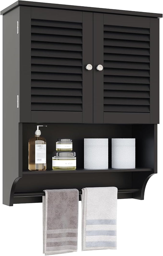 ChooChoo Bathroom Wall Cabinet with Towel Bar and Ample Storage | 23.6"L x 8.8"W x 29.5"H MDF Medicine Cabinet, Over The Toilet Space Saver Storage Cabinet with Adjustable Shelf, Black