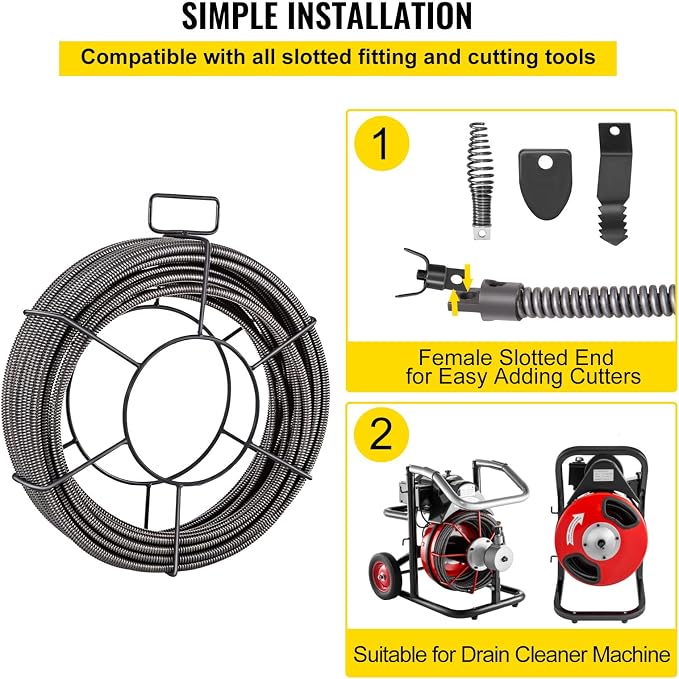 VEVOR Drain Cleaning Cable 100 FT x 3/8 Inch, Solid Core Steel Sewer Cable with 4 Cutter for 2" to 4" Pipes, Sewer Auger Cleaner Cable for Sink, Floor Drain, Toilet