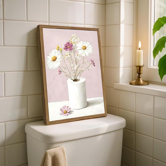 Vintage Floral Toilet Paper Wall Art Cute Wildflower Restroom Wall Decor Picture Funny Pink Flower Bathroom Canvas Painting Print 16x24 inch Wood Framed