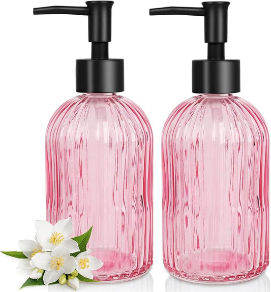 2 Pack Stripe Glass Soap Dispenser with Black Plastic Pump, 400ml Liquid Hand Soap Dispenser, Rustproof Pump for Kitchen & Bathroom, Great for Lotions, Essential Oil, Liquid Soaps- (Pink)