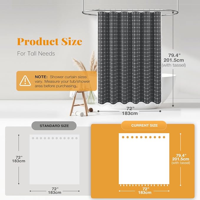 72x78 Boho Linen Heavy Duty Fabric Shower Curtain Set, Charcoal Gray | Long Size, 330GSM Linen Blend, 3-side Tassels, Water Repellent Cloth, 12 Plastic Hooks, Rustic Bohemian, Machine Washable