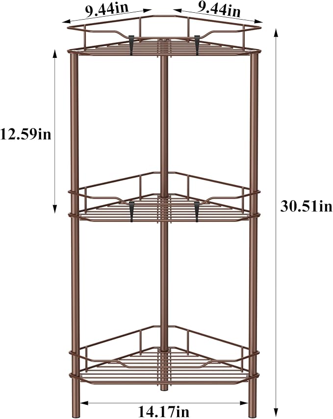 Metal Floor Standing Corner Shower Caddy, Coffee, 3 Tier | Adhesive Bathroom Organizer Shelves, Free Standing Shower Rack with Hooks, Hold Large Shampoo Bottles