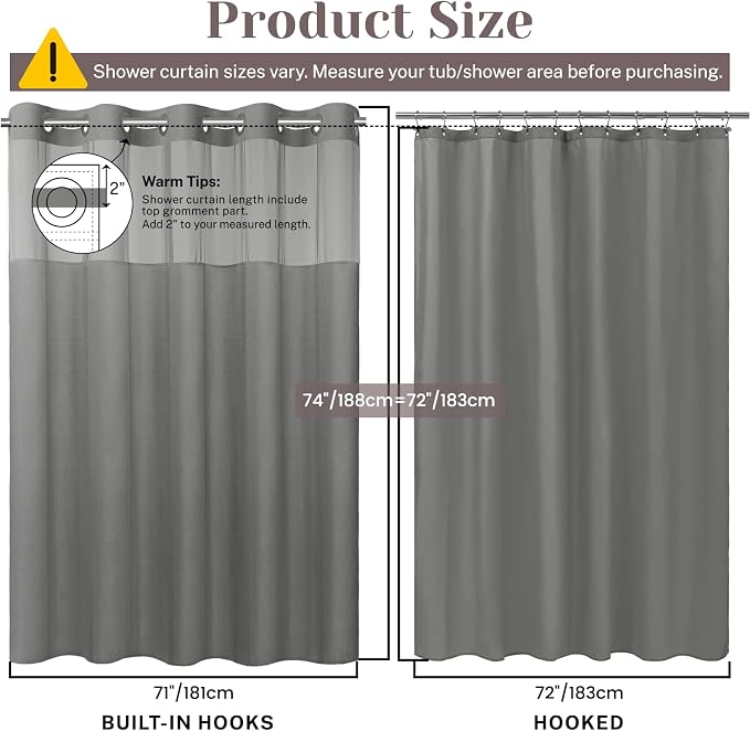 SORTTO No Hook Slub Shower Curtain with Liner, 71x74, Grey | Snap in Liner, 3 in 1, Bamboo Texture, Hotel Style, Waterproof Fabric, Mesh Top Window, Corner Magnets, Machine Washable