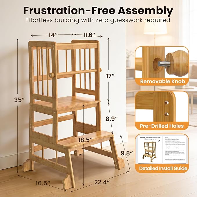 HBTower Toddler Standing Tower, Kids Kitchen Step Stool with Safety Rails | Stable Toddler Learning Tower for Kitchen Counter with Anti-Slip Feet, Hold Up to 450 LBS, Natural Bamboo & Easy to Clean