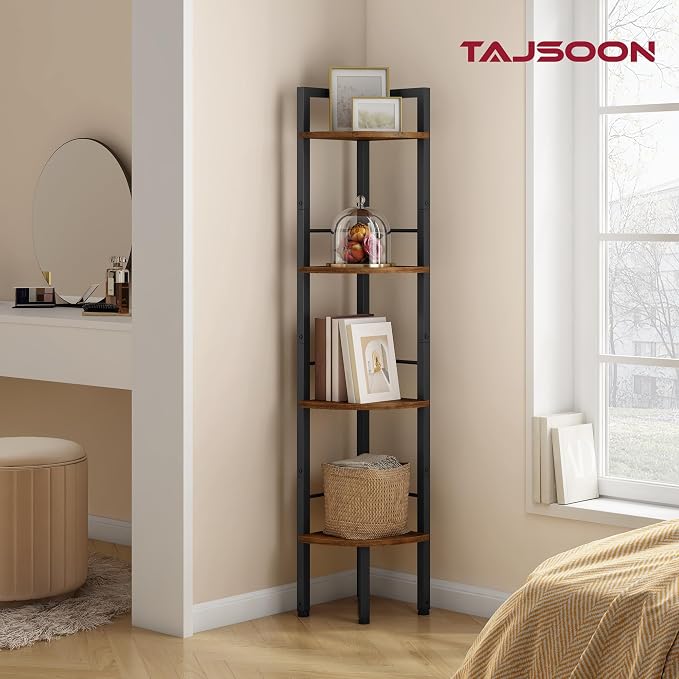 Corner Shelf Stand 4 Tier 48.5" with Metal Frame, Rustic Brown | Industrial Small Corner Shelf Narrow, Multipurpose Tall Corner Bookshelf, Corner Table Bedroom, Living Room, Office, Kitchen
