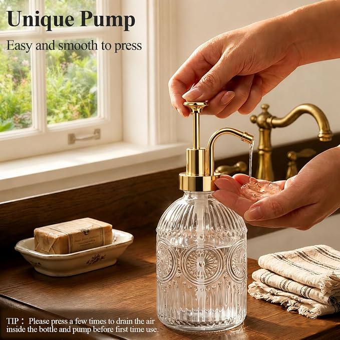SheeChung 12oz Vintage Glass Soap Dispenser with Gold Pump, Clear, 1 Pack | Refillable Dish and Hand Soap Dispenser for Bathroom Kitchen, Rustic Liquid Lotion Bottle,BPA-Free,Funnel,Mat,Farmhouse Decor