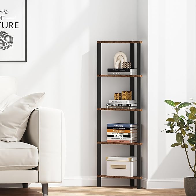 TUTOTAK Corner Shelf, 5-Tier Corner Bookshelf for Small Space | Narrow Display Corner Shelf Stand with Storage Rack, for Living Room, Bedroom, Rustic Brown BS05BB005