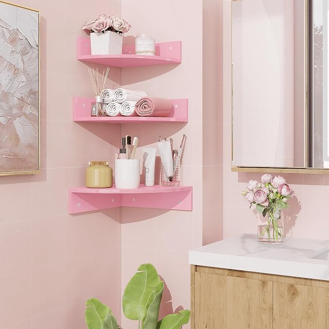 Corner Shelf Wall Mount, Set of 3 Corner Floating Shelves with Cable Hole, 3 Tier Wood Corner Hanging Shelves, Living Room Bedroom Bathroom, Pink