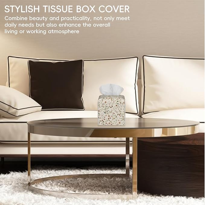 Vintage Decorative Square Leather Tissue Box Holder Cover Facial Paper Organizer Dispenser for Bathroom, Vanity Countertop, Office Desk (Vintage Flowers and Plants)