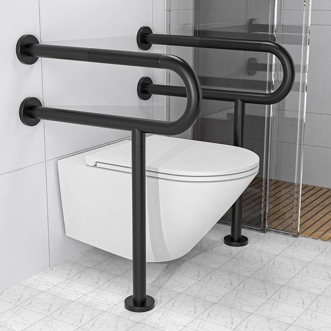 Toilet Support Rail 24x28 Inch, Munzong Anti-Slip Black Handicap Grab Bar | Folding Stainless Steel Knurled Safety handrails with Leg for Bathroom Elderly Disabled Pregnant-1.25’Tube