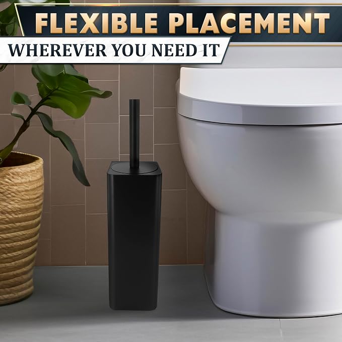 Black Toilet Brush and Holder Set, Stainless Steel Material (Black) | Toilet Bowl Brush and Holder, Squircle Bowl Shape and Removable Inner Bowl, Dense Bristles, Long Handle, Scratch Resistant