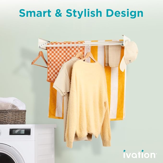 Ivation Retractable Wall Mounted Clothes Drying Rack, 32" Foldable Laundry Drying Rack for Clothing | Collapsible Space-Saving Design & 5 Rods | Easy Installation with Hardware & Wall Template (White)