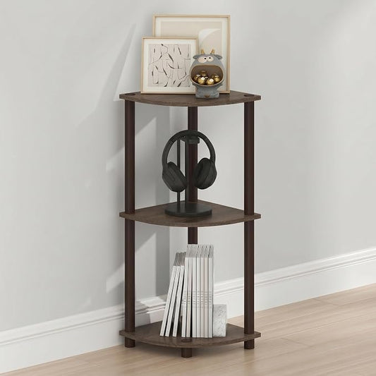 Furinno Turn-N-Tube Toolless Assembly 3-Tier Storage Shelves, Walnut | Black Corner Shelf, Open Storage Book Shelf, for Organization and Storage, Living Room, Home Office, Bedroom
