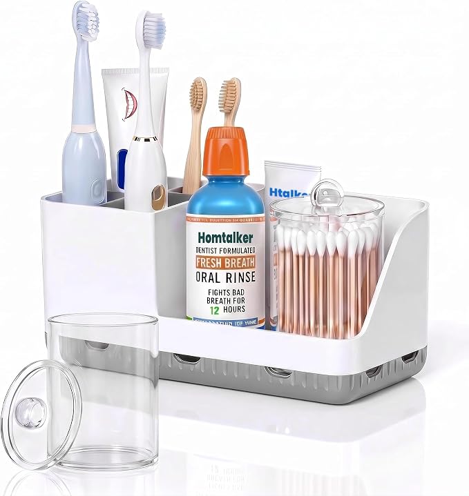 Toothbrush Holders for Bathroom with 1 Pack Qtip Holder, Detachable Bathroom Organizer and Storage Electric Toothbrush and Toothpaste Holder, Bathroom Decor Accessories for Countertop