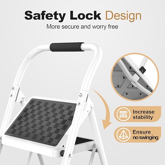 HBTower Step Ladder, Folding Step Stool with Wide Anti-Slip Pedal | Sturdy Steel Ladder, Convenient Handrail, Lightweight, Portable Steel Step Stool