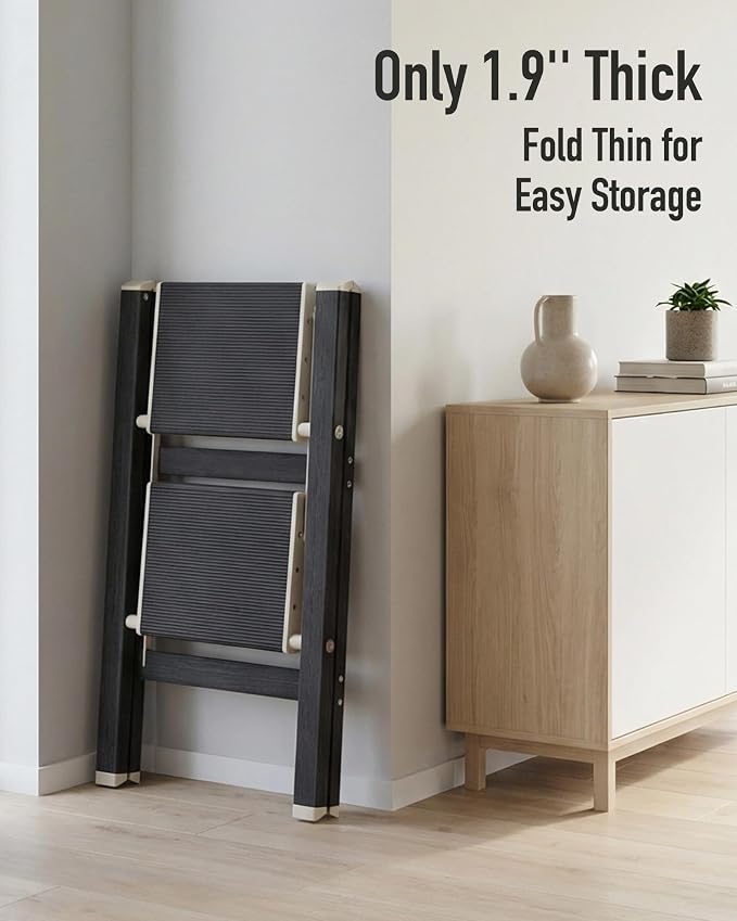 Mayi Plus 2 Step Stool Foldable, Aluminum, Lightweight Step Ladder | Extra-wide anti-slip folding steps with 330 lbs, for home,kitchen,office,outdoor,Ebony woodgrain