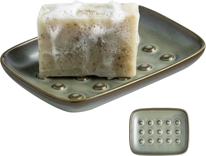 Miamolo Bar Soap Holder, Ceramic Soap Dish for Bathroom, Keep Soap Dry | Raised Ridges Extends Bar Life | Weighted Soap Tray, Non-Slip | for Kitchen Sink Bathtub Shower, Dishwasher Safe, Dark Green