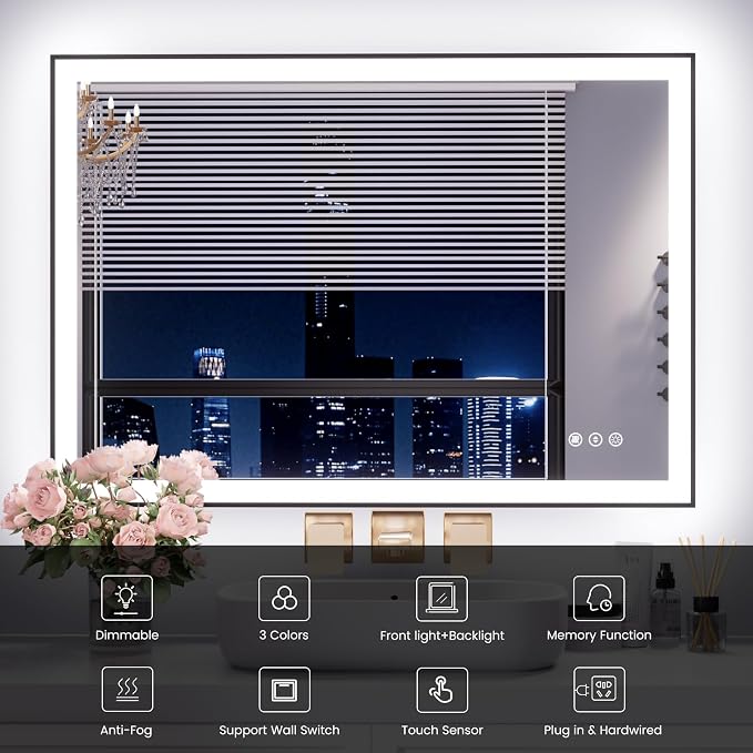 WTTY 40"x32" LED Bathroom Mirror with Black Frame | Aluminum Alloy Framed, Anti-Fog, Dimmable, 3 Color Temperature, Memory Function, Tempered Glass, Lighted Vanity Wall Mirror