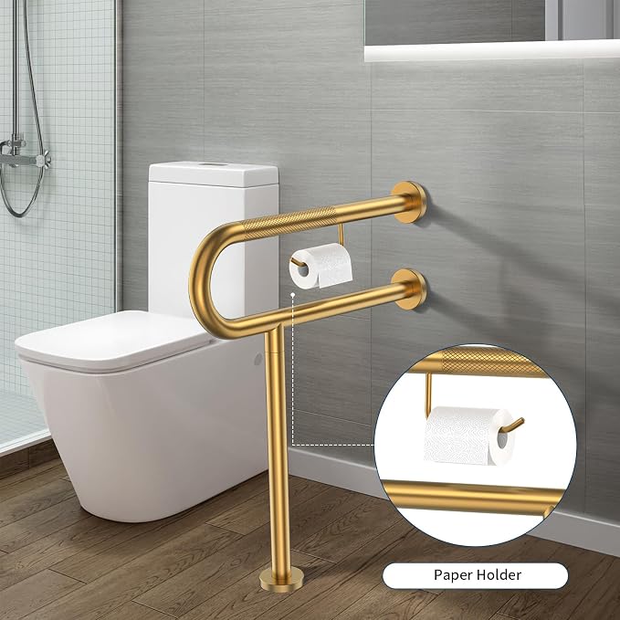 ZUEXT 24x28 Inch Gold Knurled Toilet Grab Bar with Toilet Paper Holder | Wall to Floor, Anti-slip Handicap Grab Bar, Stainless Steel Bathroom Support Rail with Leg, For Elderly Disabled Pregnant