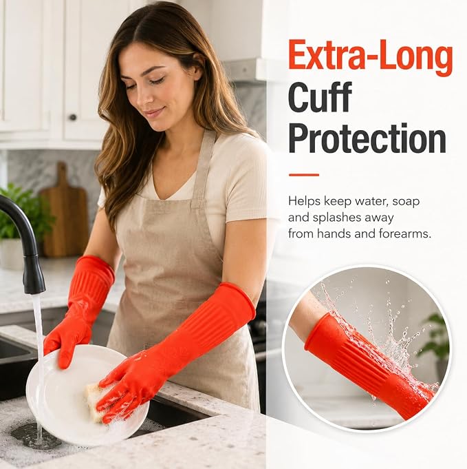 ThxToms Rubber Dishwashing Cleaning Gloves (2-Pair) - Fleece Lined | Reusable Long Dish Gloves for Washing Dishes, Waterproof Kitchen Gloves with Extra-Long Cuff & Anti-Slip Design, Large
