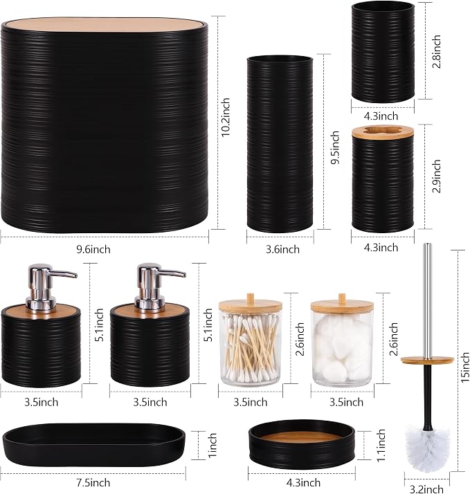 10 PCS Black Bathroom Accessories Set with Trash Can Bathroom Accessory | All-in-One Kit with Trash Can,Toothbrush Holder,Soap Dispenser,Toothbrush Cup,Vanity Tray,Soap Dish,Toilet Brush etc for Home