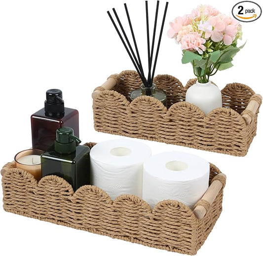Paper Rope Storage Basket Set of 2 with Wooden Handles - Scalloped Toilet Paper Organizer, Cute & Functional Home Decor for Bathroom or Living Room (Beige)