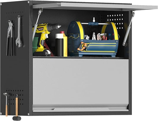 Metal Garage Wall Cabinet with Up-Flip Door, Black Float Tool Cabenit with 2 Doors,Upper Storage Cabinets with Pegboard for Kitchen,Garage,Workshop,Warehouse (25.6" H,Black&Gray)
