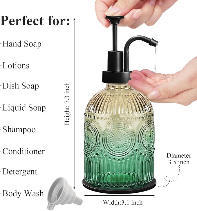 Amolliar 12 Oz Glass Soap Dispenser with Plastic Pump,Green-Gradient,2 Pack | Antique Rustic Hand Liquid Bottle for Bathroom/Kitchen, Vintage/Farmhouse/Boho Style, Pump Dispenser, Refillable