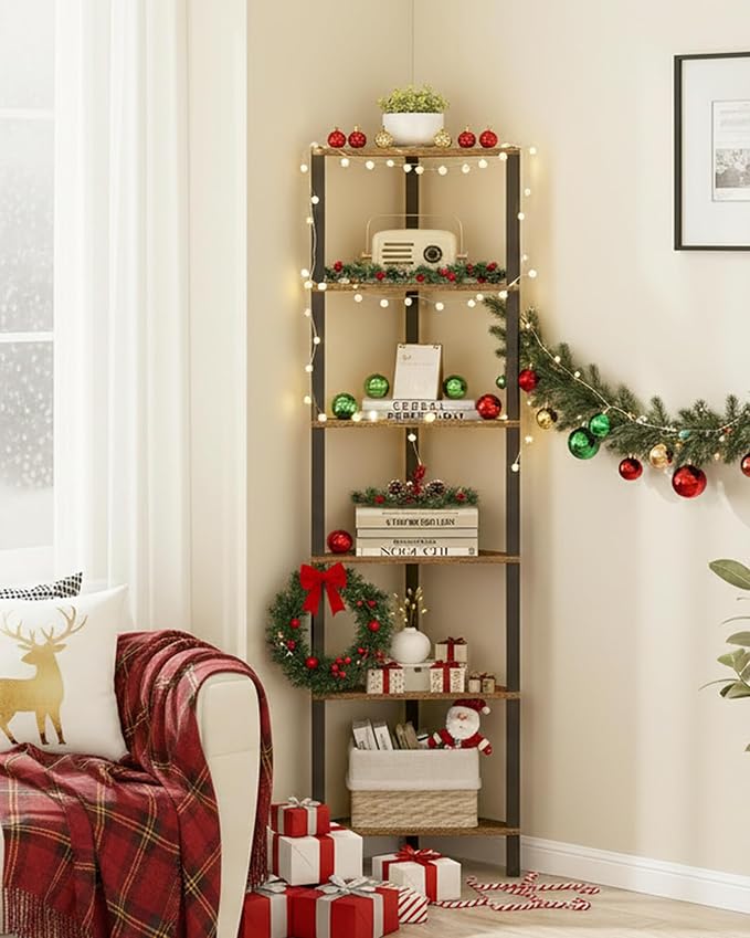 TUTOTAK Corner Shelf, 6-Tier Corner Bookshelf for Small Space | Narrow Display Corner Shelf Stand with Storage Rack, for Living Room, Bedroom, Rustic Brown BS05BB006