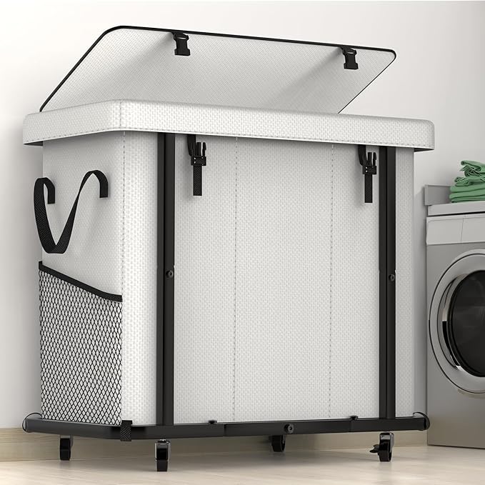 Laundry Basket with Lid, 230L Rolling Laundry Hamper with Wheels,White | Dirty Clothes Hamper with Metal Frame and Removable Bag Design, Suitable for Laundry Room, Bedroom(3 Section)